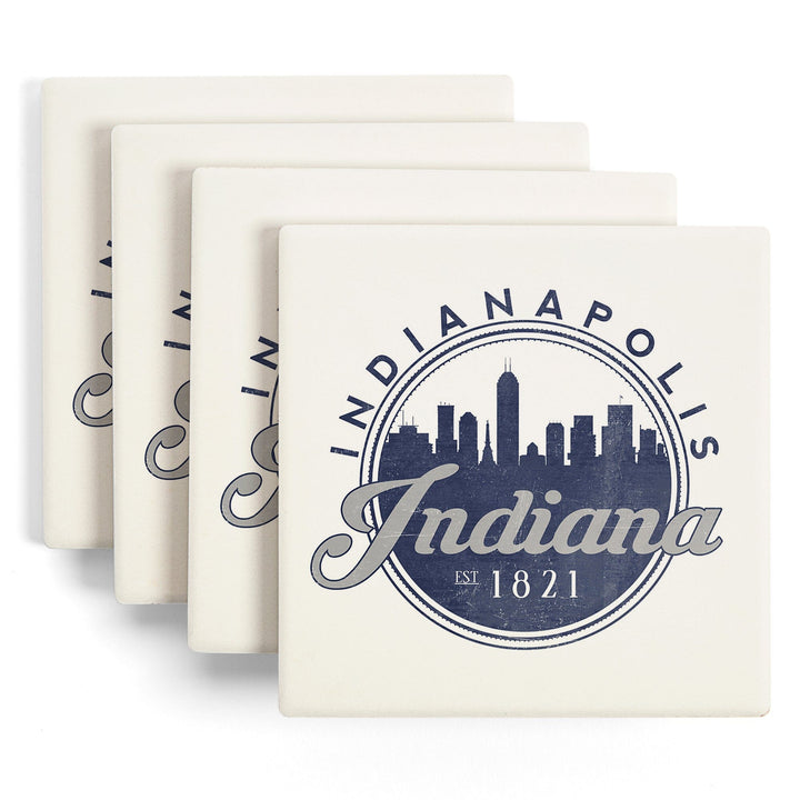 Indianapolis, Indiana, Skyline Seal (Blue), Established 1821, Lantern Press Artwork, Coaster Set - Lantern Press