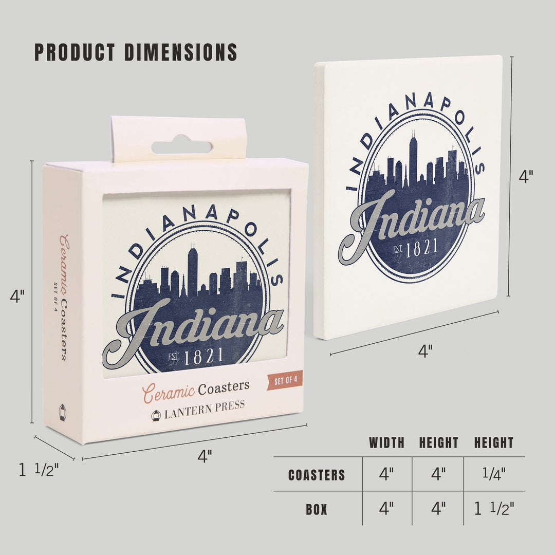 Indianapolis, Indiana, Skyline Seal (Blue), Established 1821, Lantern Press Artwork, Coaster Set - Lantern Press