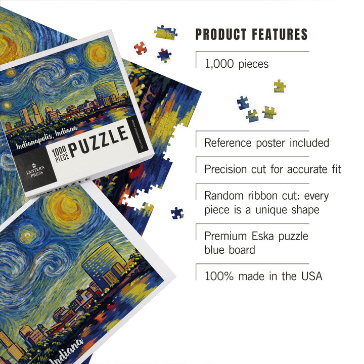 Indianapolis, Indiana, Skyline, Starry Night, Jigsaw Puzzle Puzzle Lantern Press 