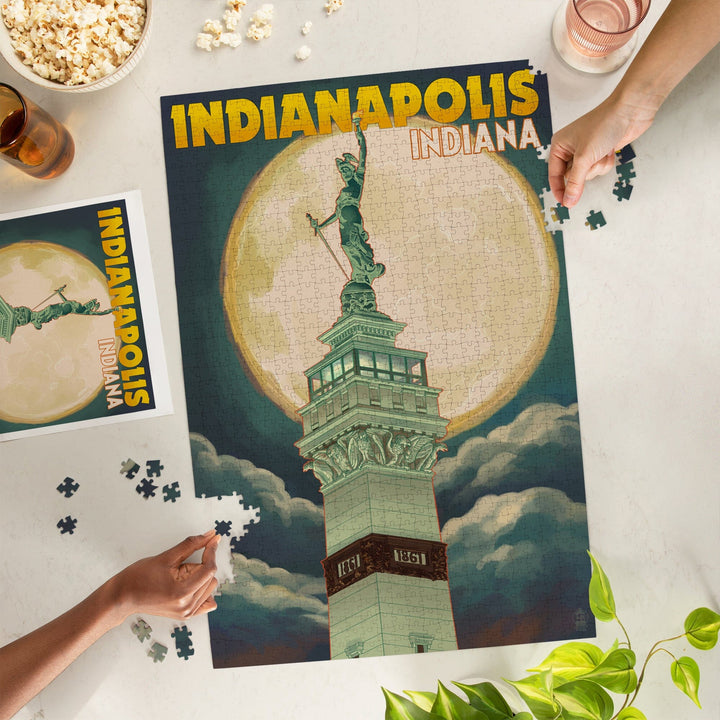 Indianapolis, Indiana, Soldiers' and Sailors' Monument and Moon, Jigsaw Puzzle Puzzle Lantern Press 