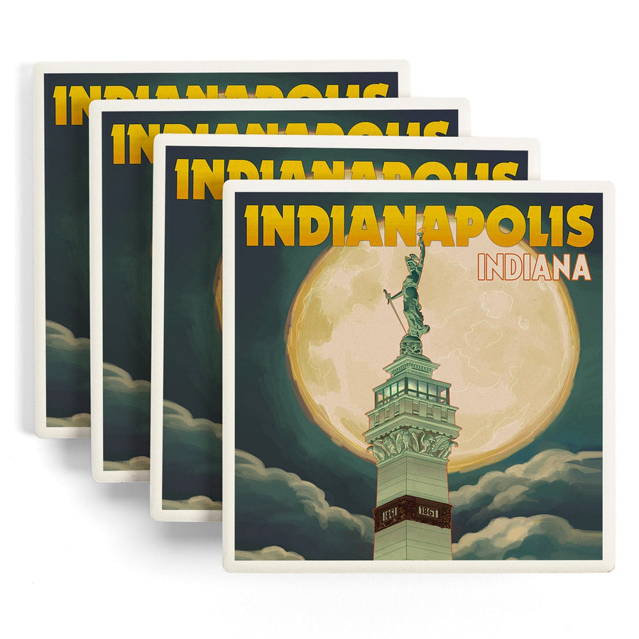 Indianapolis, Indiana, Soldiers' and Sailors' Monument & Moon, Lantern Press Artwork, Coaster Set - Lantern Press