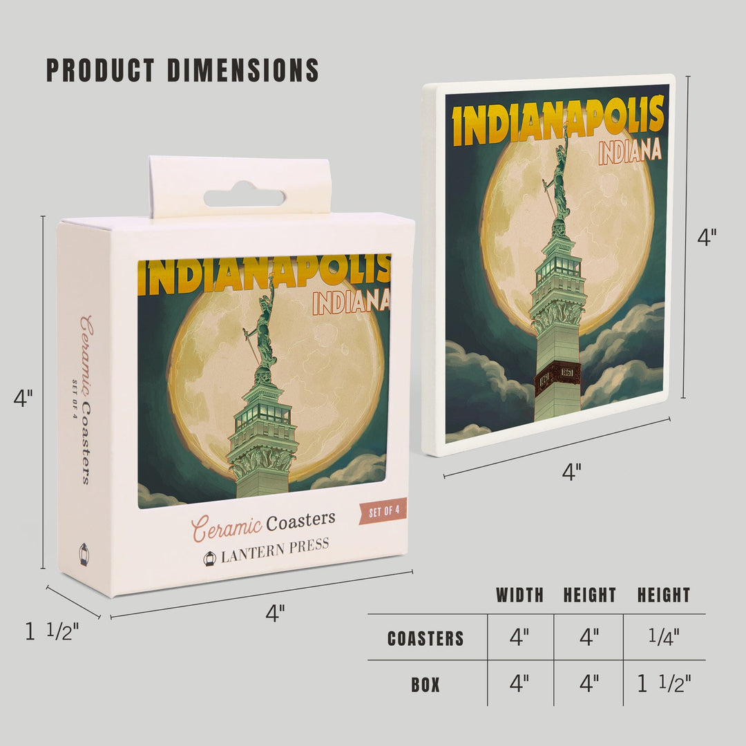 Indianapolis, Indiana, Soldiers' and Sailors' Monument & Moon, Lantern Press Artwork, Coaster Set - Lantern Press