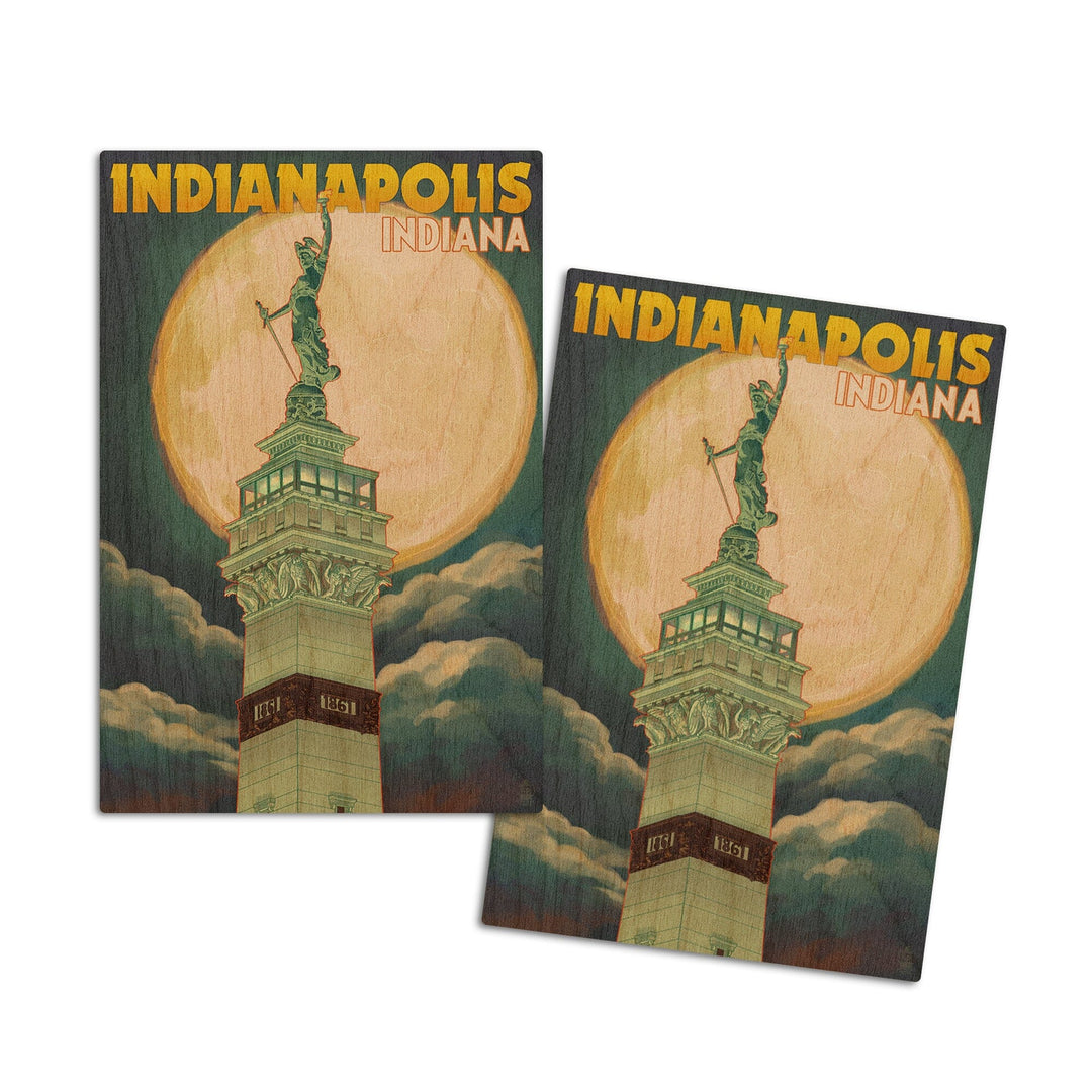 Indianapolis, Indiana, Soldiers' and Sailors' Monument & Moon, Lantern Press Artwork, Wood Signs and Postcards Wood Lantern Press 4x6 Wood Postcard Set 