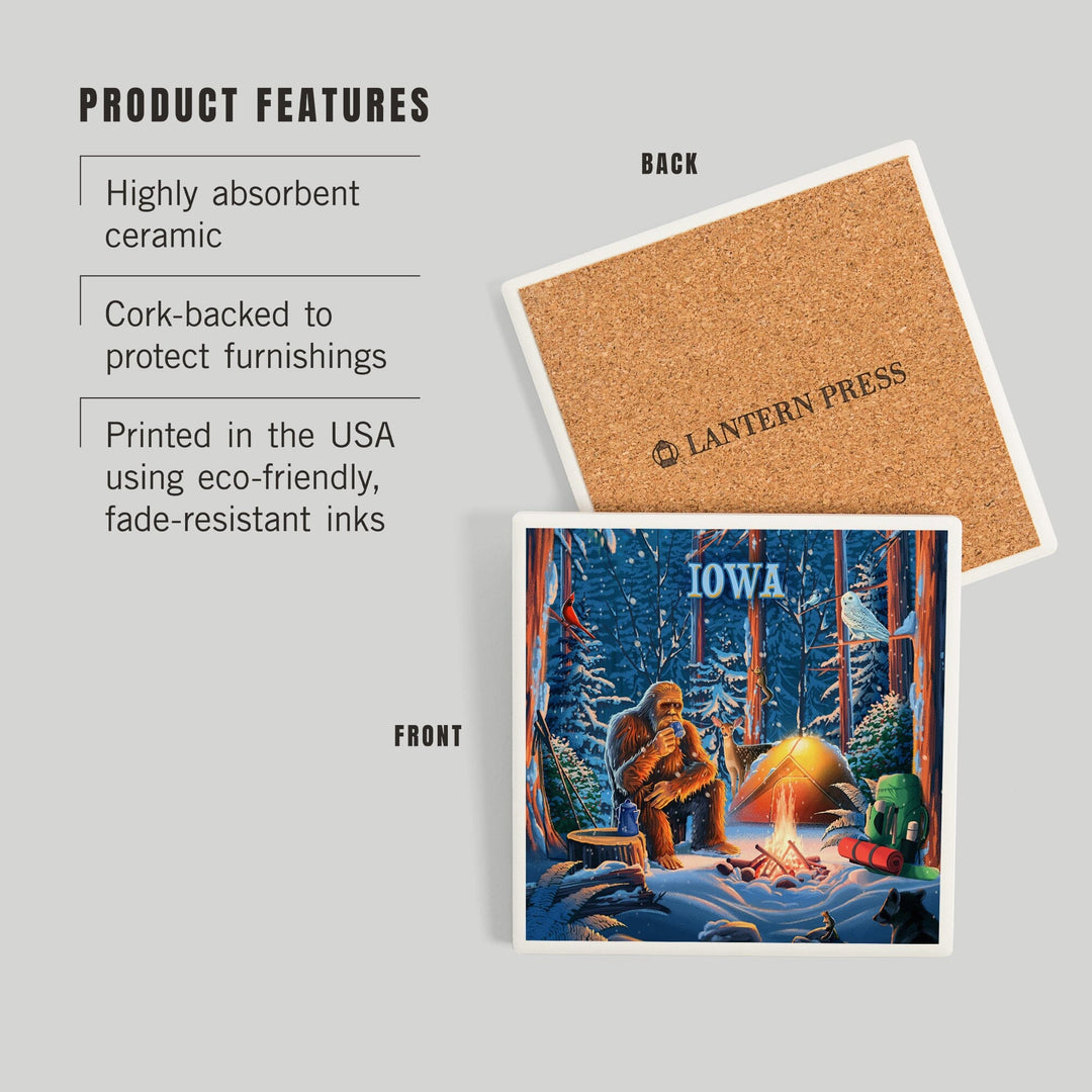 Iowa, Find Your Inner Squatch, Camping Bigfoot, Coasters Coasters Lantern Press 