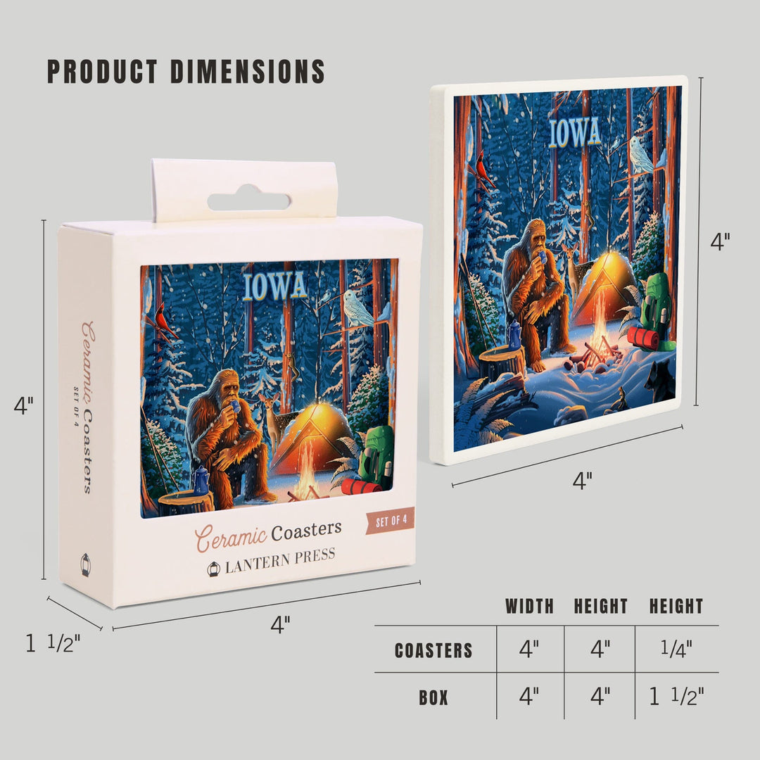 Iowa, Find Your Inner Squatch, Camping Bigfoot, Coasters Coasters Lantern Press 