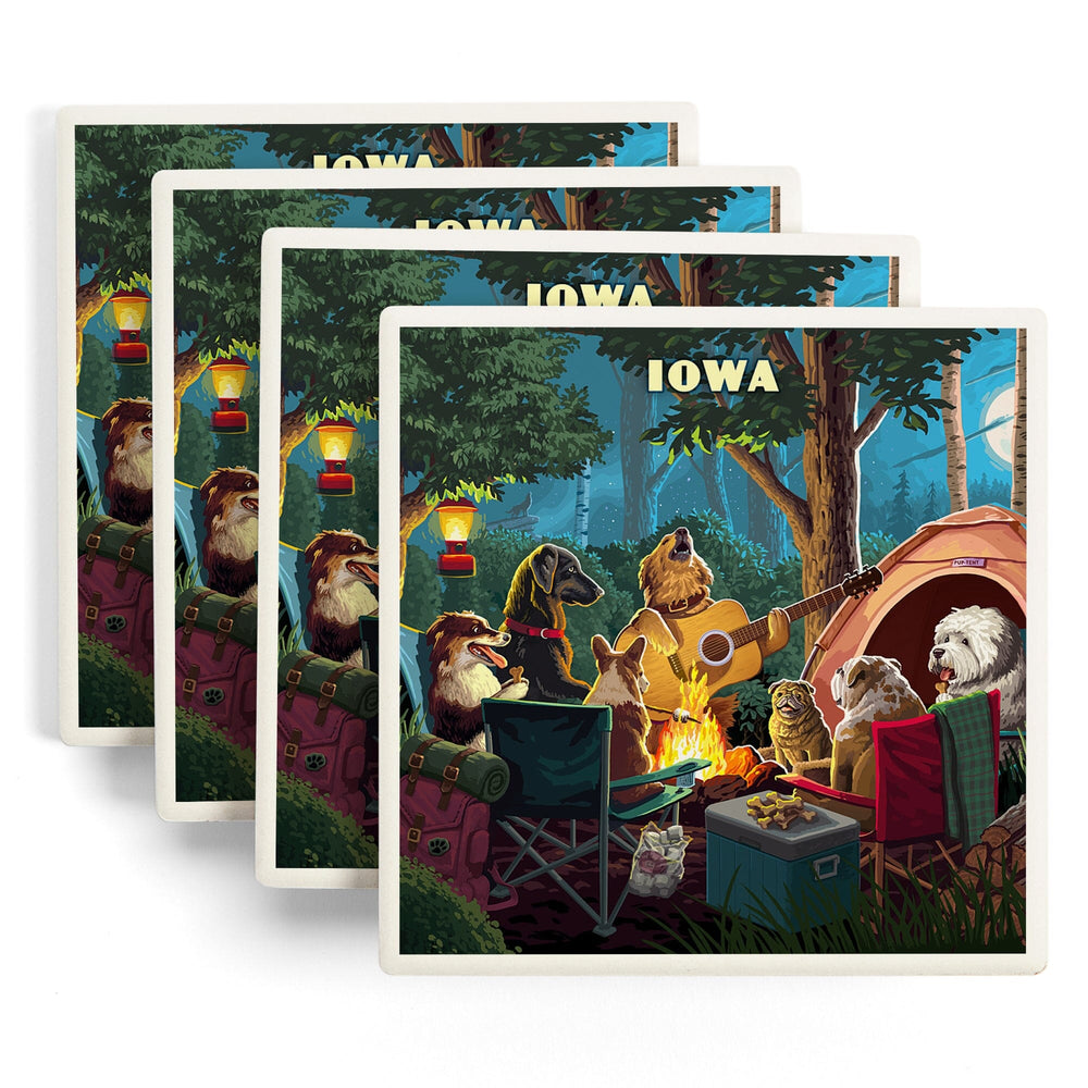 Iowa, Painterly, Pack Life, Dogs Around Campfire, Coasters Coasters Lantern Press 