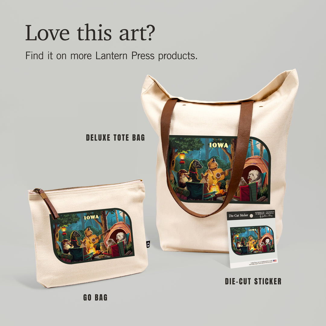 Iowa, Painterly, Pack Life, Dogs Around Campfire, Vinyl Sticker Sticker Lantern Press 