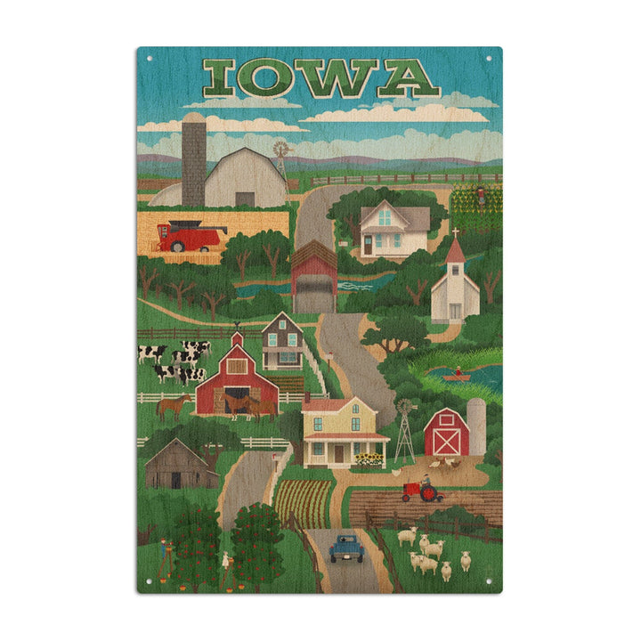 Iowa, Retro Style Countryside, Lantern Press Artwork, Wood Signs and Postcards Wood Lantern Press 10 x 15 Wood Sign 