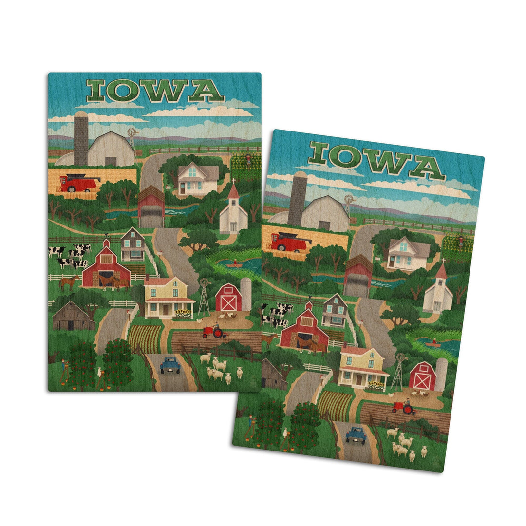 Iowa, Retro Style Countryside, Lantern Press Artwork, Wood Signs and Postcards Wood Lantern Press 4x6 Wood Postcard Set 