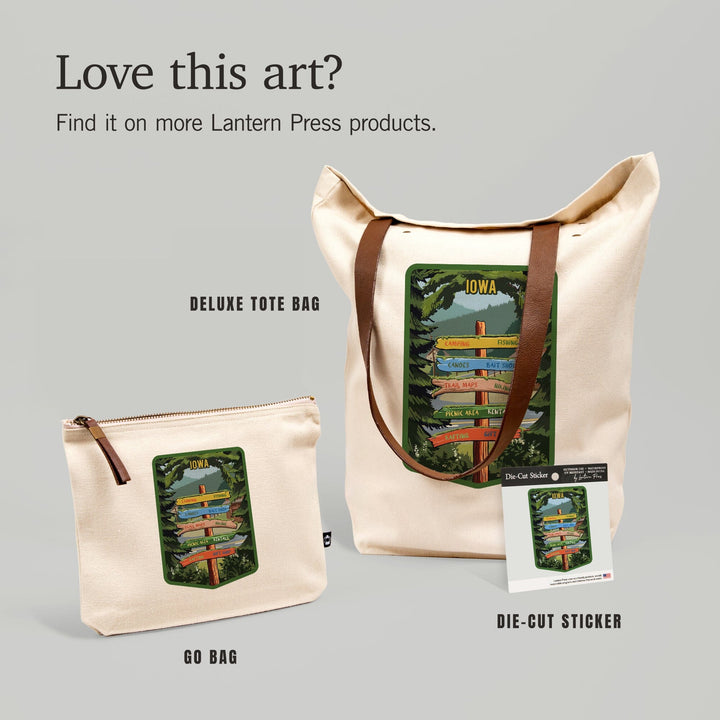 Iowa, Signpost, Forest and Camp,, Organic Cotton Zipper Pouch, Go Bag Totes Lantern Press 