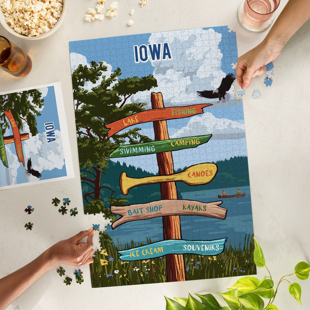 Iowa, Signpost, Lake and Eagle, Jigsaw Puzzle Puzzle Lantern Press 