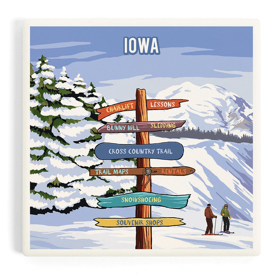 Iowa, Signpost, Ski and Snow, Coasters Coasters Lantern Press 
