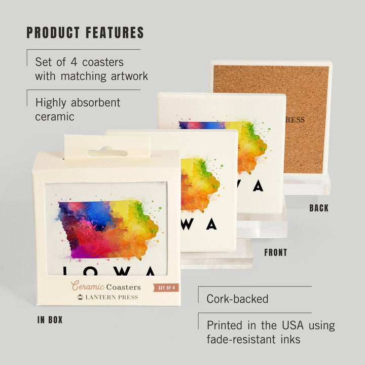 Iowa, State Abstract Watercolor, Lantern Press Artwork, Coaster Set - Lantern Press