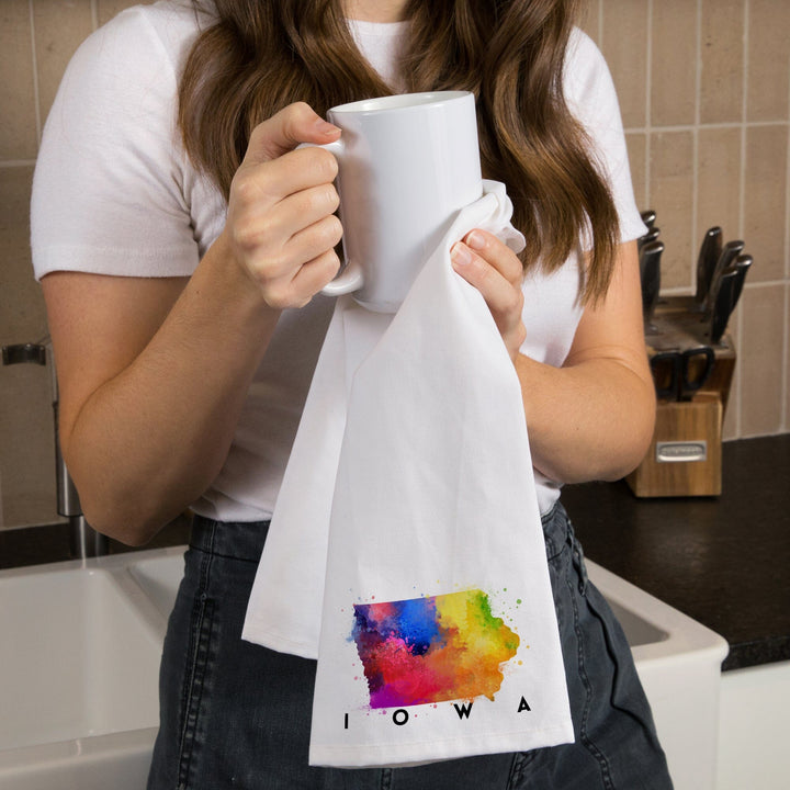 Iowa, State Abstract Watercolor, Organic Cotton Kitchen Tea Towels Kitchen Lantern Press 