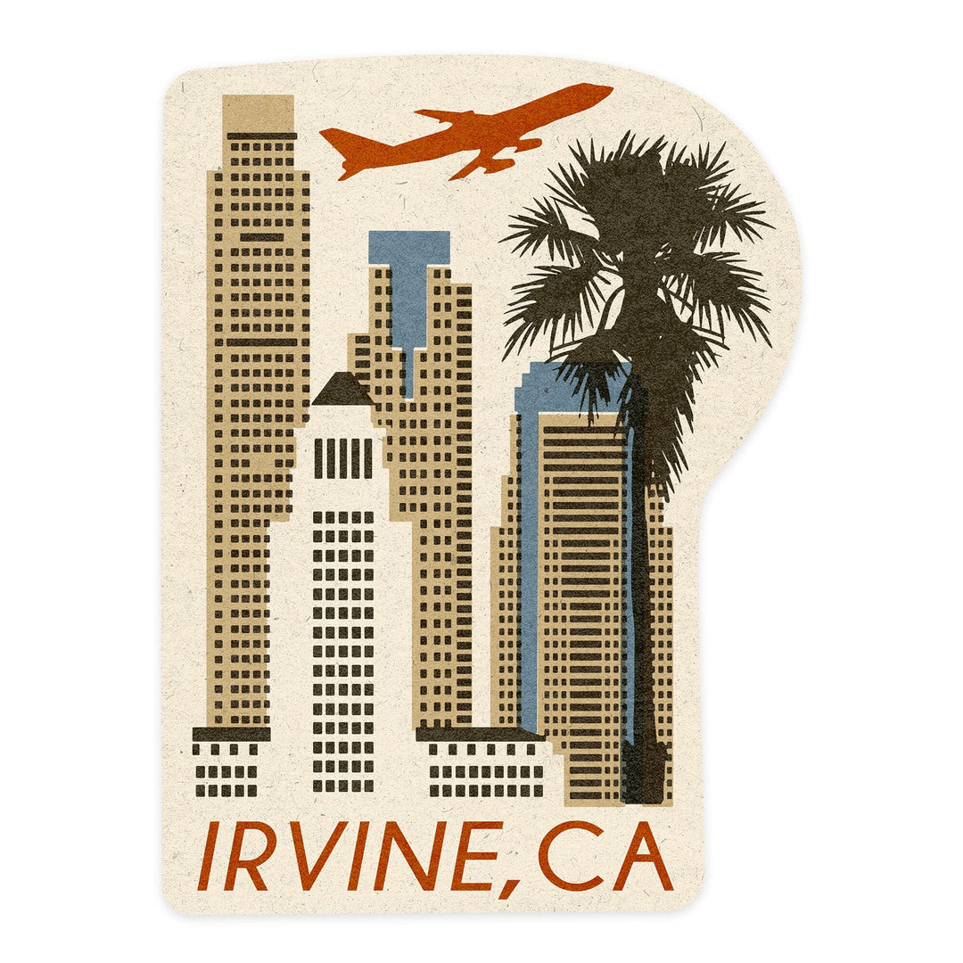 Irvine, California, Woodblock, Contour, Vinyl Sticker Sticker Lantern Press 