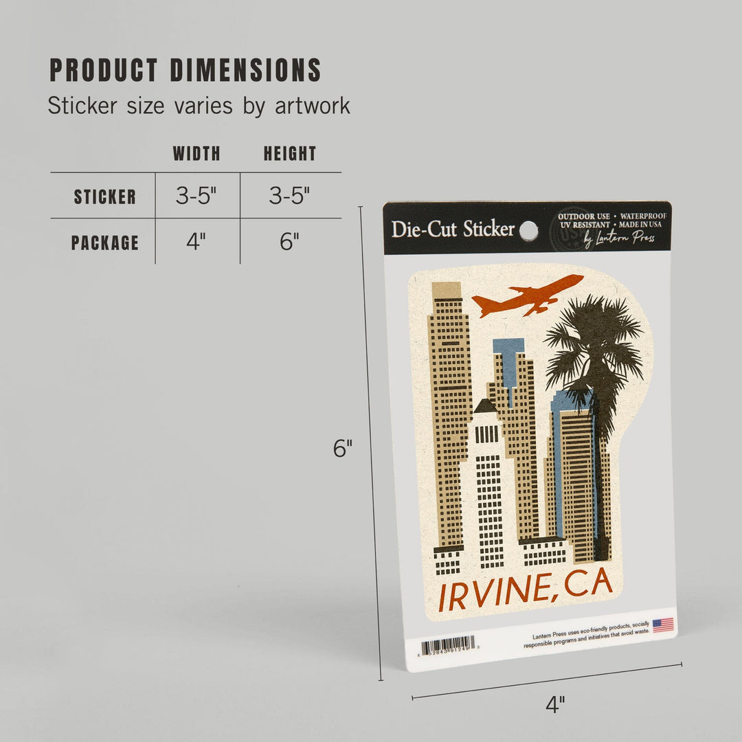 Irvine, California, Woodblock, Contour, Vinyl Sticker Sticker Lantern Press 