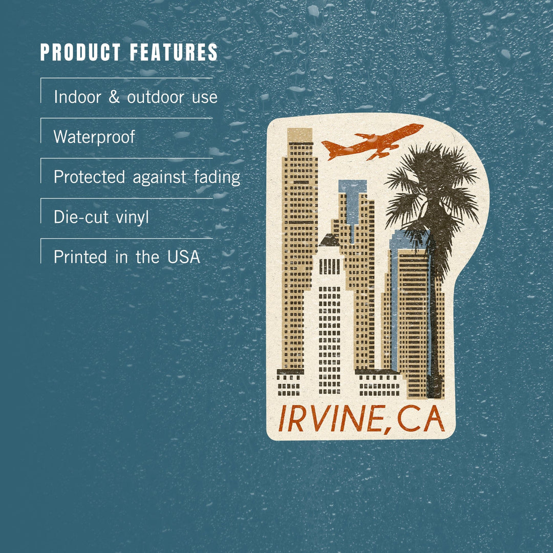 Irvine, California, Woodblock, Contour, Vinyl Sticker Sticker Lantern Press 