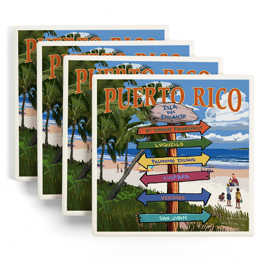 Isla del Encanto, Puerto Rico, Destinations Sign, Lantern Press Artwork, Coaster Set - Lantern Press