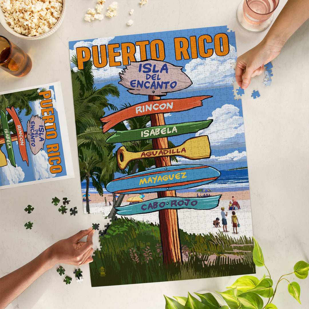 Isla del Encanto, Puerto Rico, Destinations Sign, Tropical Coast Scene, Jigsaw Puzzle Puzzle Lantern Press 