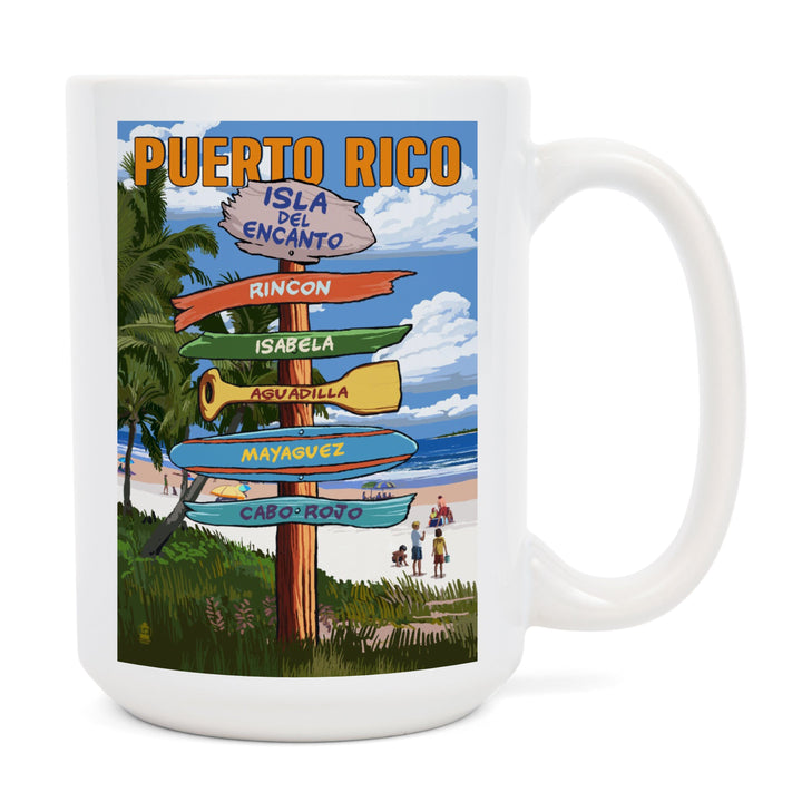 Isla del Encanto, Puerto Rico, Destinations Sign, Tropical Coast Scene, Lantern Press Artwork, Ceramic Mug Mugs Lantern Press 
