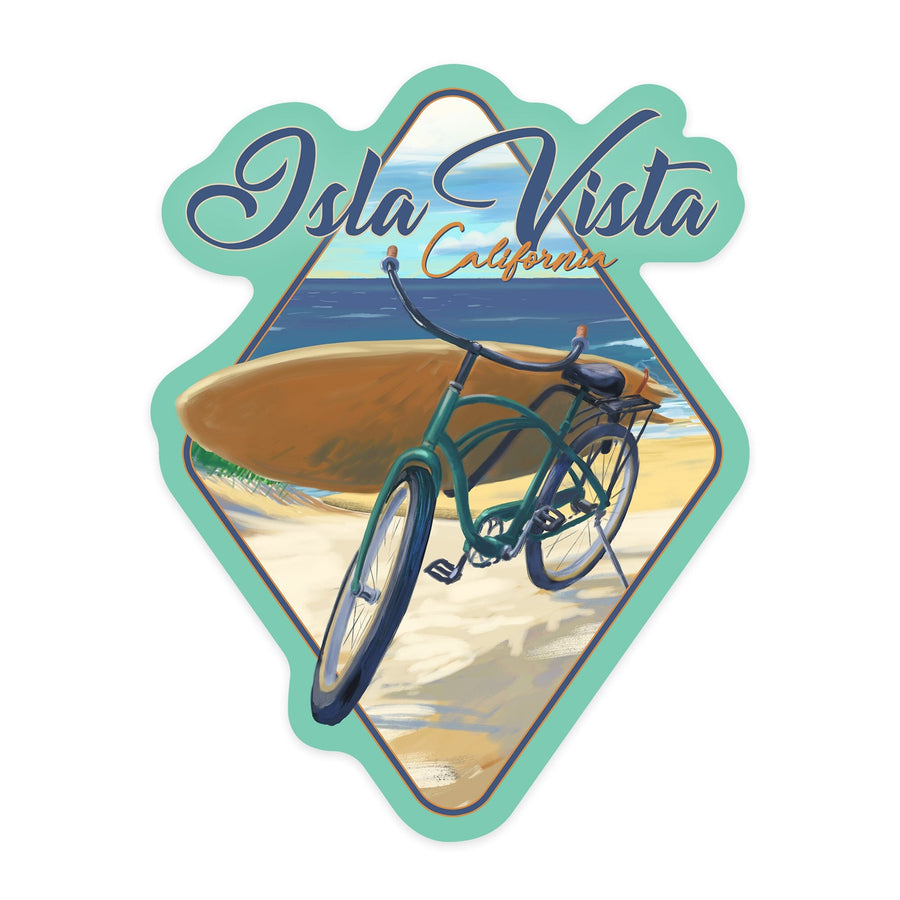 Isla Vista, California, Beach Cruiser on Beach, Contour, Lantern Press Artwork, Vinyl Sticker Sticker Lantern Press 