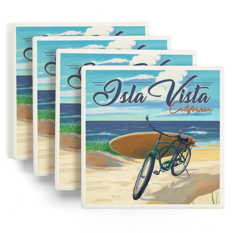 Isla Vista, California, Beach Cruiser on Beach, Lantern Press Artwork, Coaster Set - Lantern Press