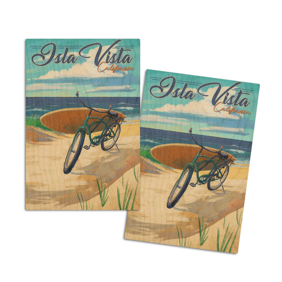 Isla Vista, California, Beach Cruiser on Beach, Lantern Press Artwork, Wood Signs and Postcards Wood Lantern Press 4x6 Wood Postcard Set 