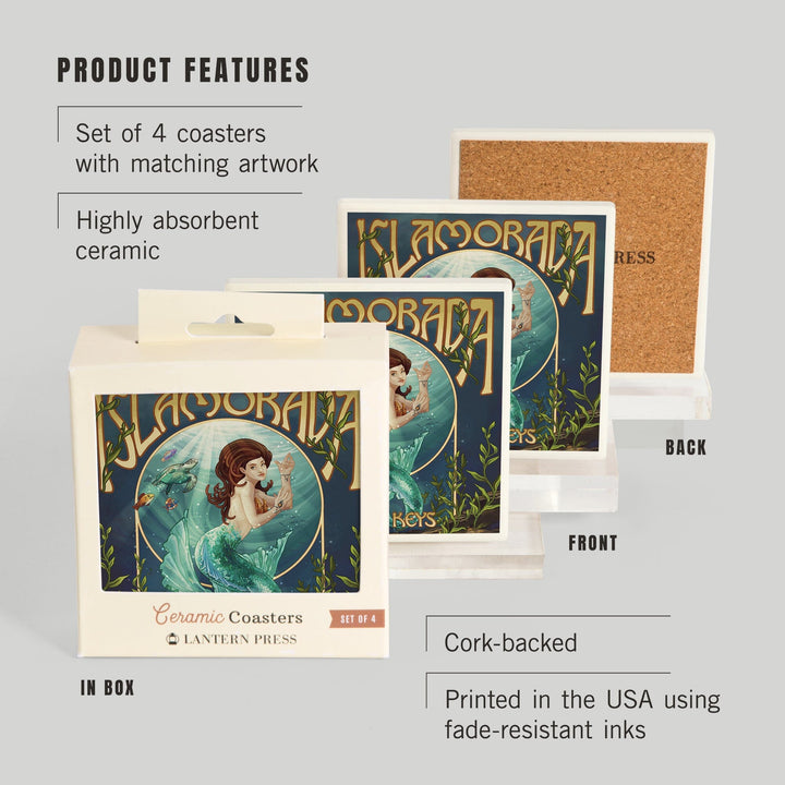 Islamorada, Florida Keys, Mermaid, Lantern Press Artwork, Coaster Set - Lantern Press