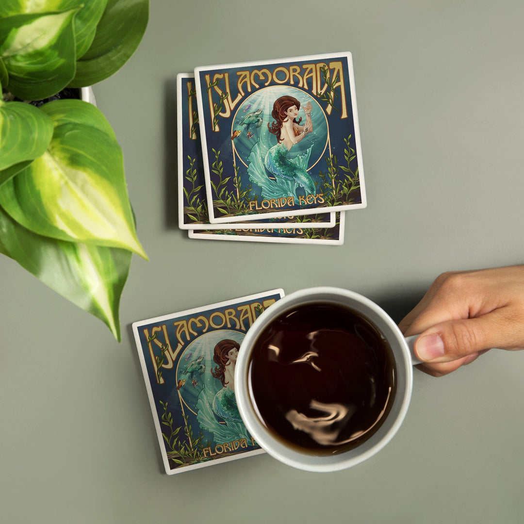 Islamorada, Florida Keys, Mermaid, Lantern Press Artwork, Coaster Set - Lantern Press