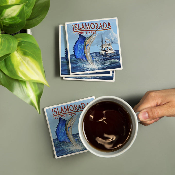 Islamorada, Florida Keys, Sailfish Scene, Lantern Press Artwork, Coaster Set - Lantern Press