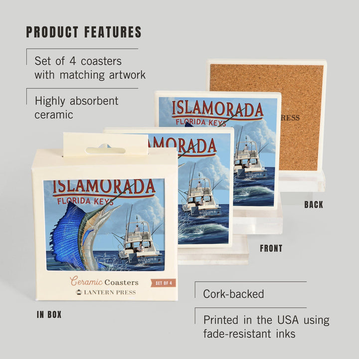 Islamorada, Florida Keys, Sailfish Scene, Lantern Press Artwork, Coaster Set - Lantern Press