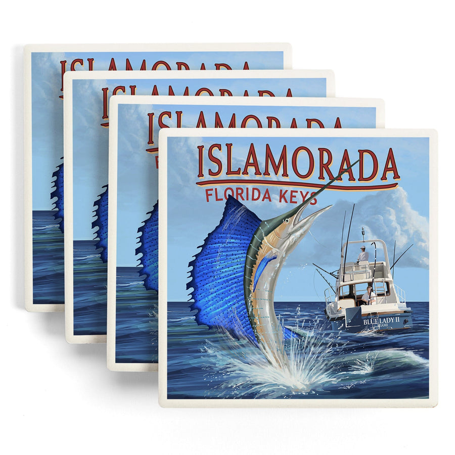 Islamorada, Florida Keys, Sailfish Scene, Lantern Press Artwork, Coaster Set - Lantern Press