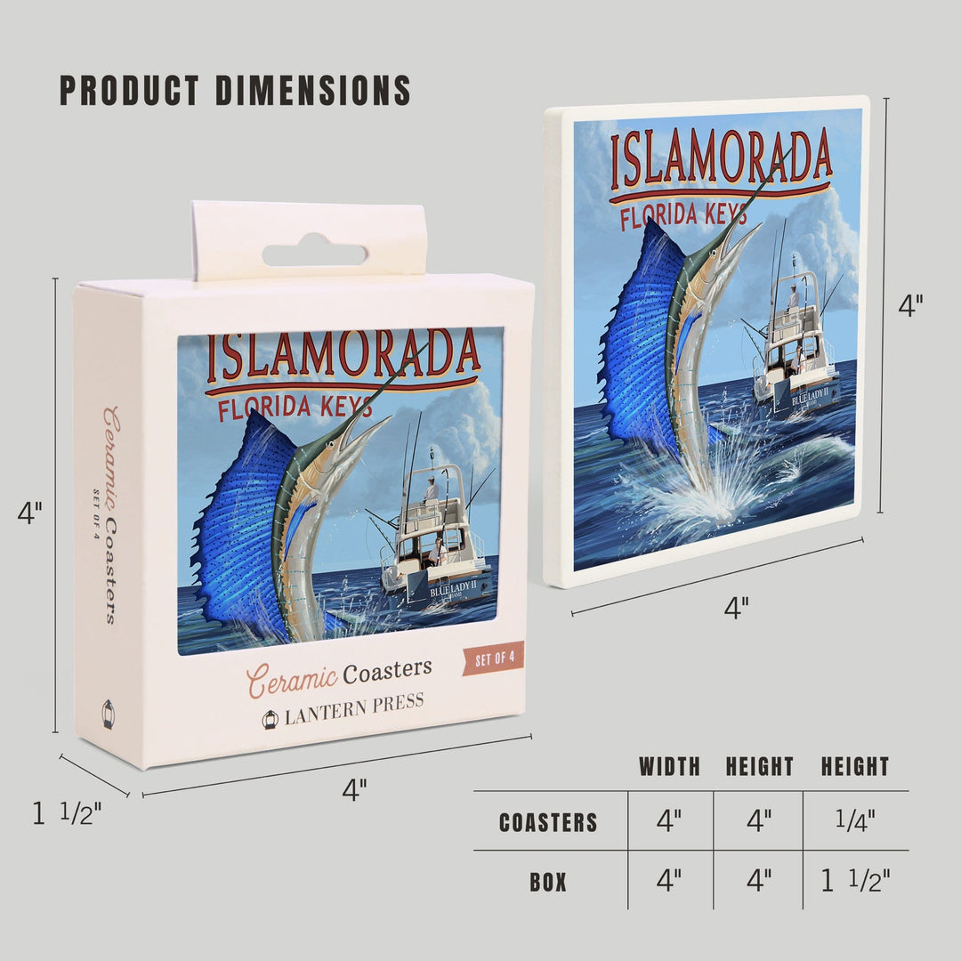 Islamorada, Florida Keys, Sailfish Scene, Lantern Press Artwork, Coaster Set - Lantern Press