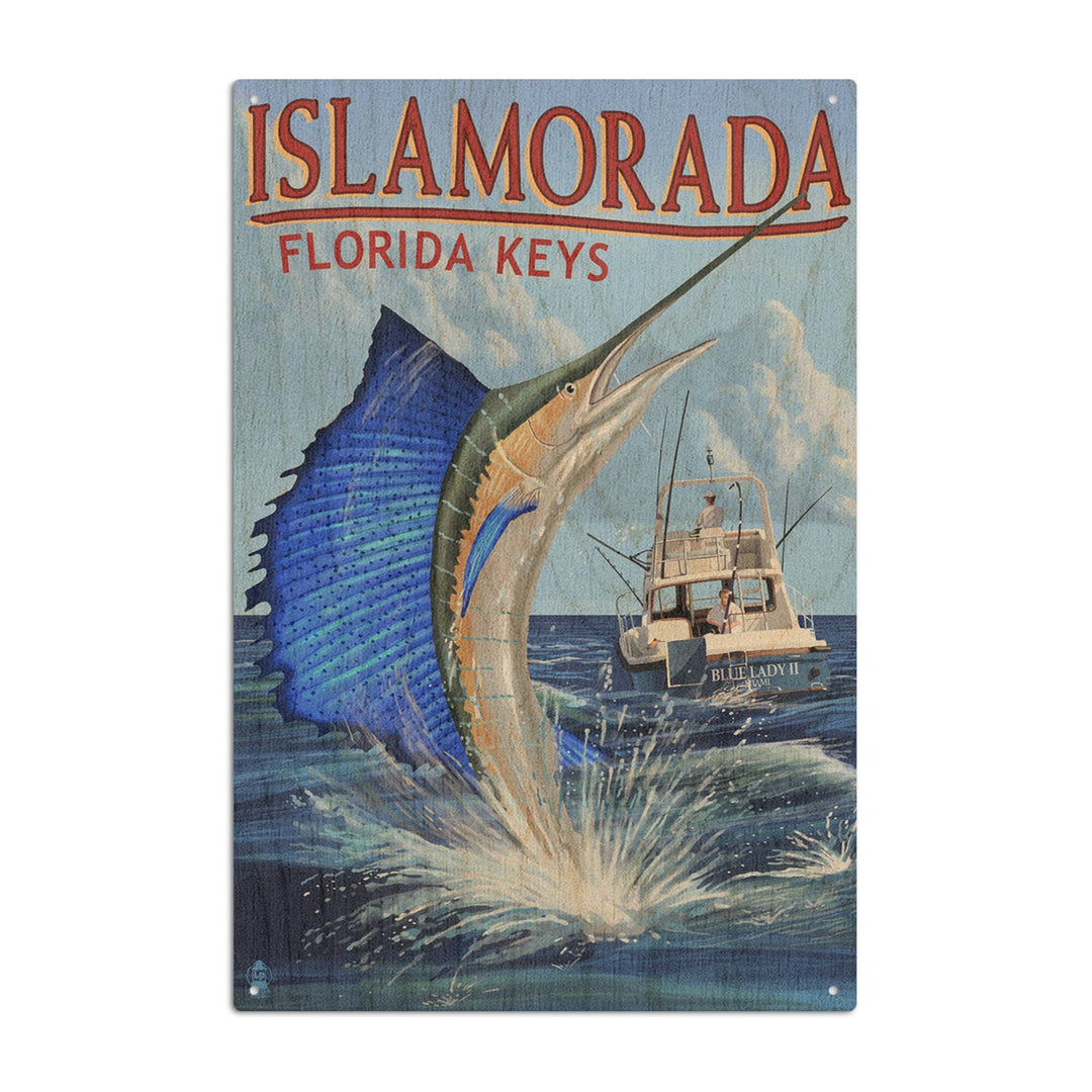 Islamorada, Florida Keys, Sailfish Scene, Lantern Press Artwork, Wood Signs and Postcards Wood Lantern Press 6x9 Wood Sign 
