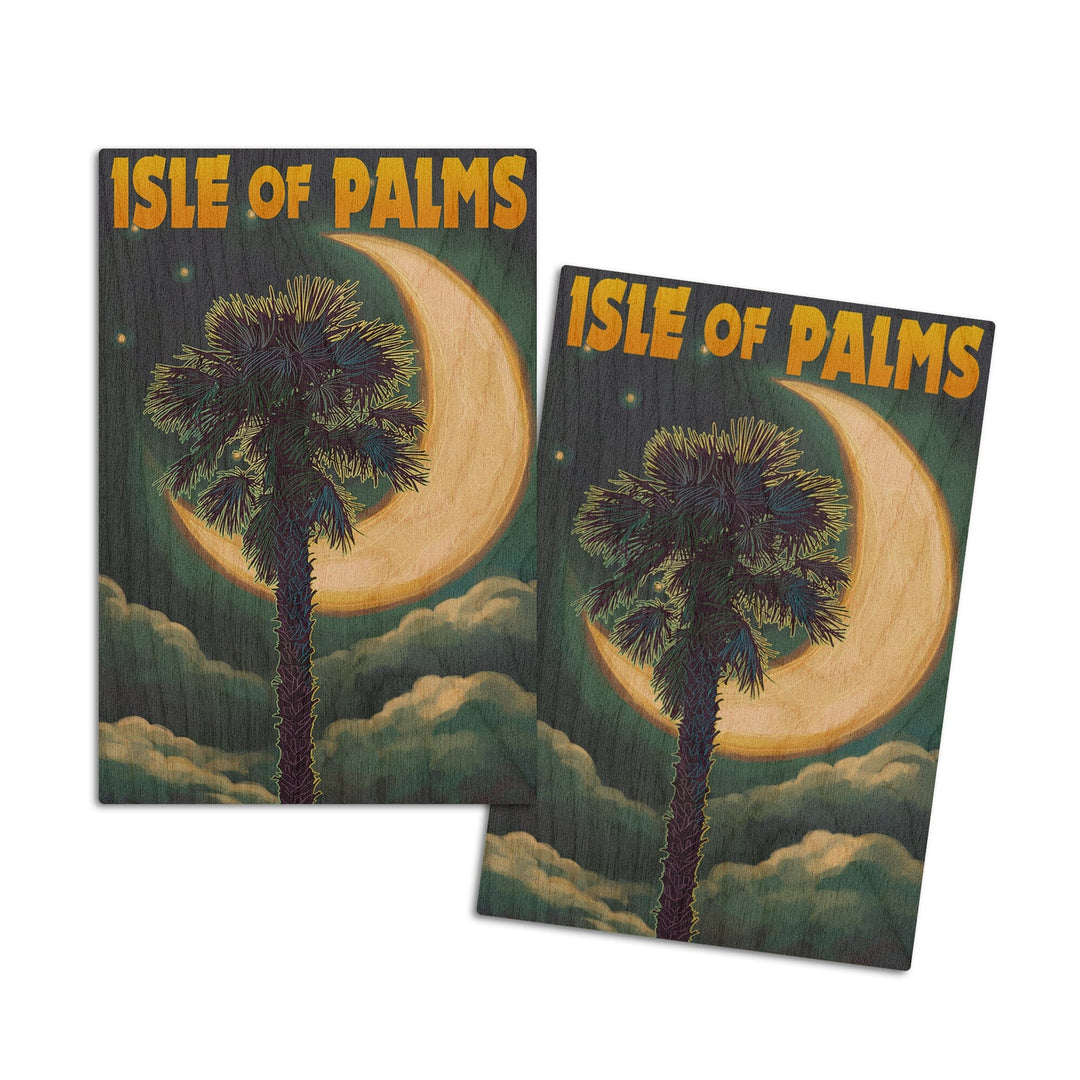 Isle of Palms, South Carolina, Palmetto Moon & Palm, Lantern Press Artwork, Wood Signs and Postcards Wood Lantern Press 4x6 Wood Postcard Set 