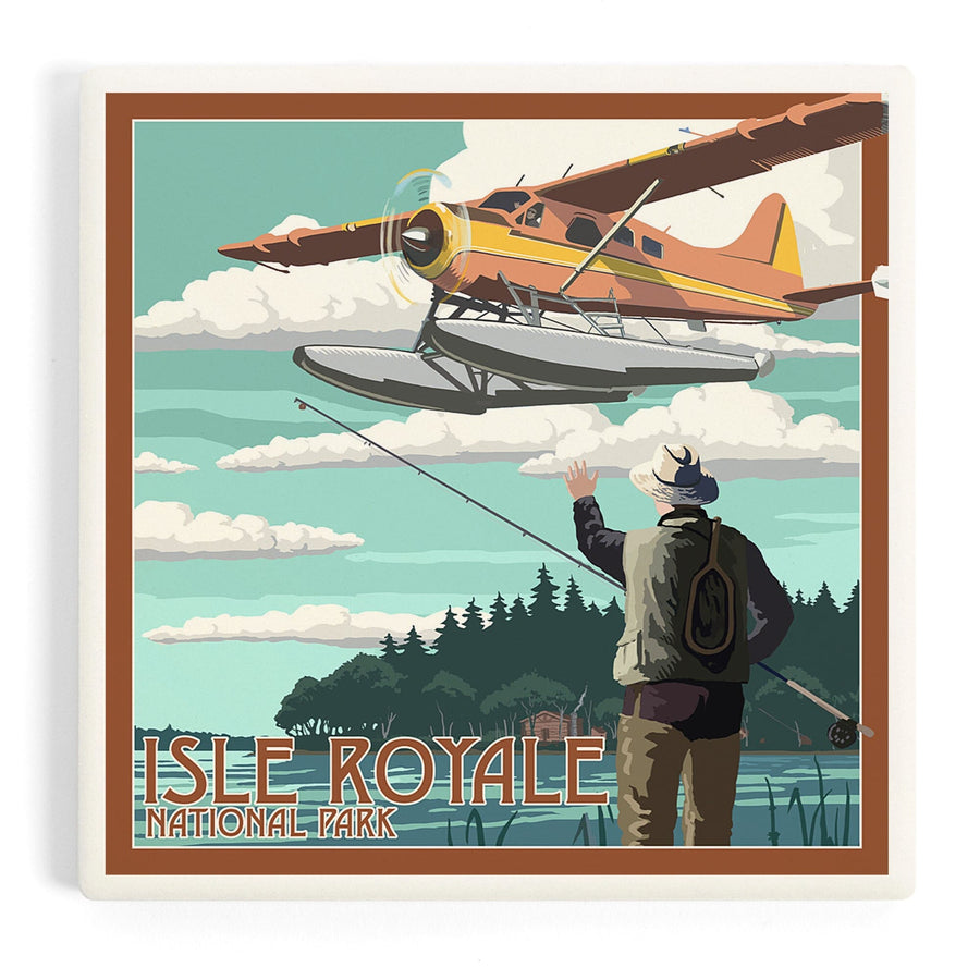 Isle Royale National Park, Michigan, Float Plane and Fisherman, Coasters Coasters Lantern Press 