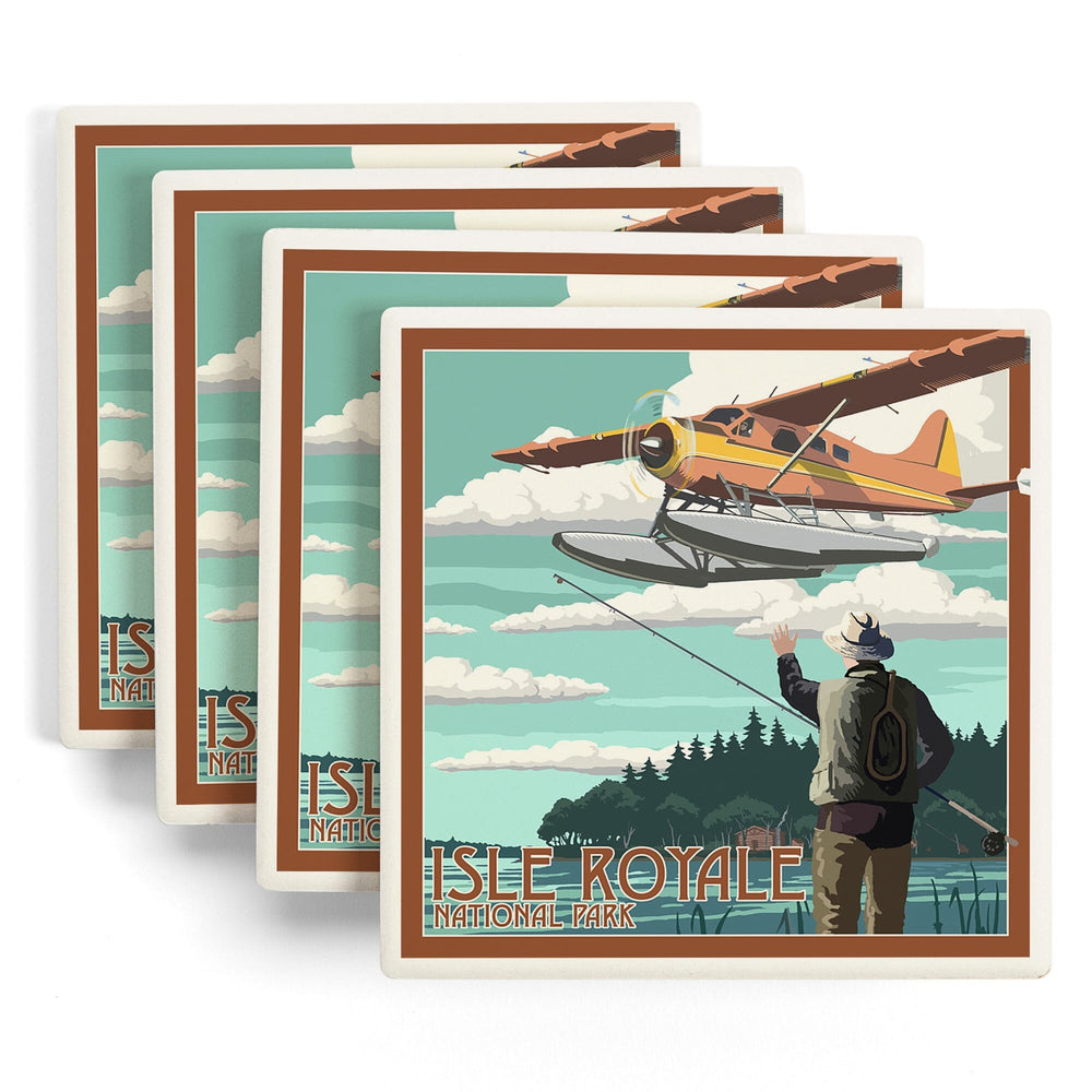 Isle Royale National Park, Michigan, Float Plane and Fisherman, Coasters Coasters Lantern Press 