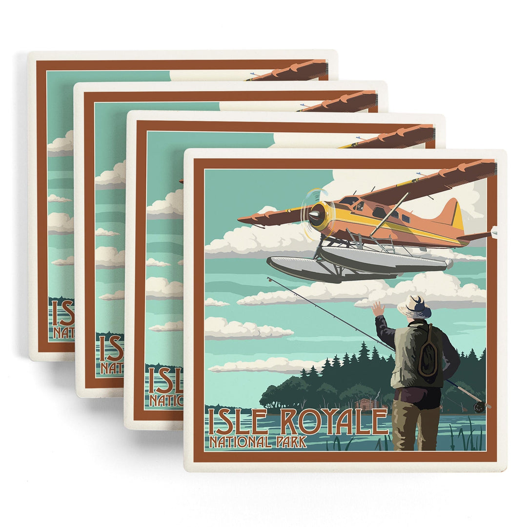 Isle Royale National Park, Michigan, Float Plane & Fisherman, Lantern Press Artwork, Coaster Set - Lantern Press