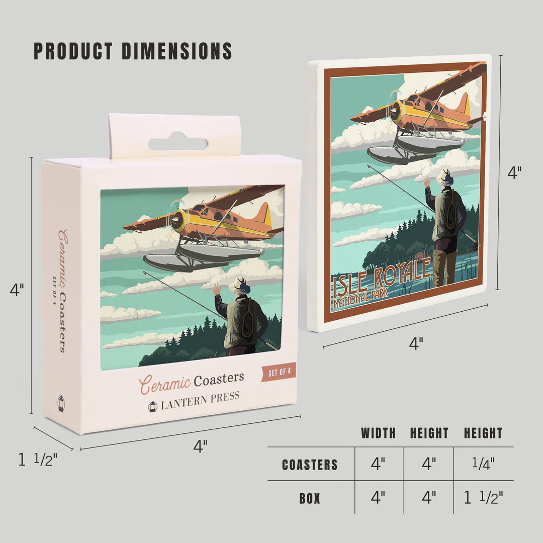 Isle Royale National Park, Michigan, Float Plane & Fisherman, Lantern Press Artwork, Coaster Set - Lantern Press