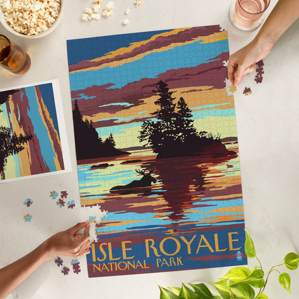 Isle Royale National Park, Michigan, Moose Swimming at Sunset, Jigsaw Puzzle Puzzle Lantern Press 