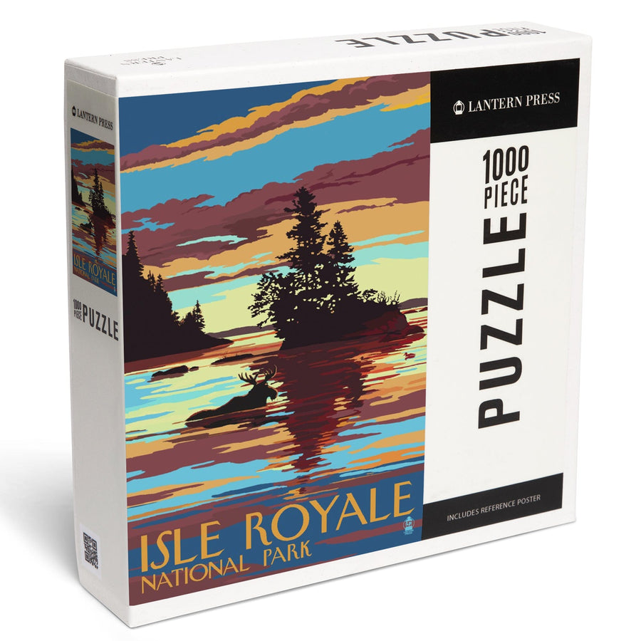 Isle Royale National Park, Michigan, Moose Swimming at Sunset, Jigsaw Puzzle Puzzle Lantern Press 