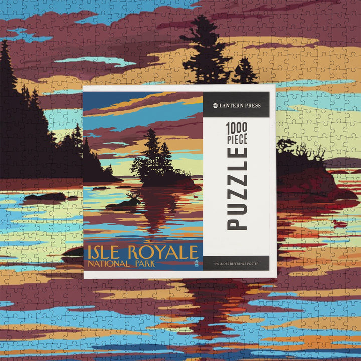 Isle Royale National Park, Michigan, Moose Swimming at Sunset, Jigsaw Puzzle Puzzle Lantern Press 