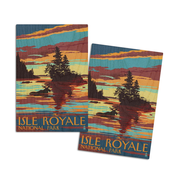 Isle Royale National Park, Michigan, Moose Swimming at Sunset, Lantern Press Artwork, Wood Signs and Postcards Wood Lantern Press 4x6 Wood Postcard Set 