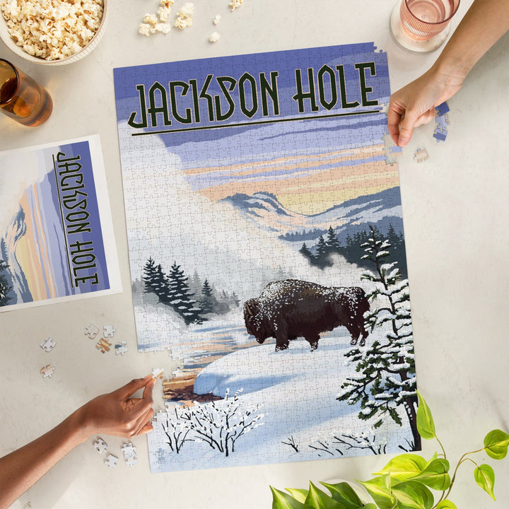 Jackson Hole, Wyoming, Bison Snow Scene, Jigsaw Puzzle Puzzle Lantern Press 