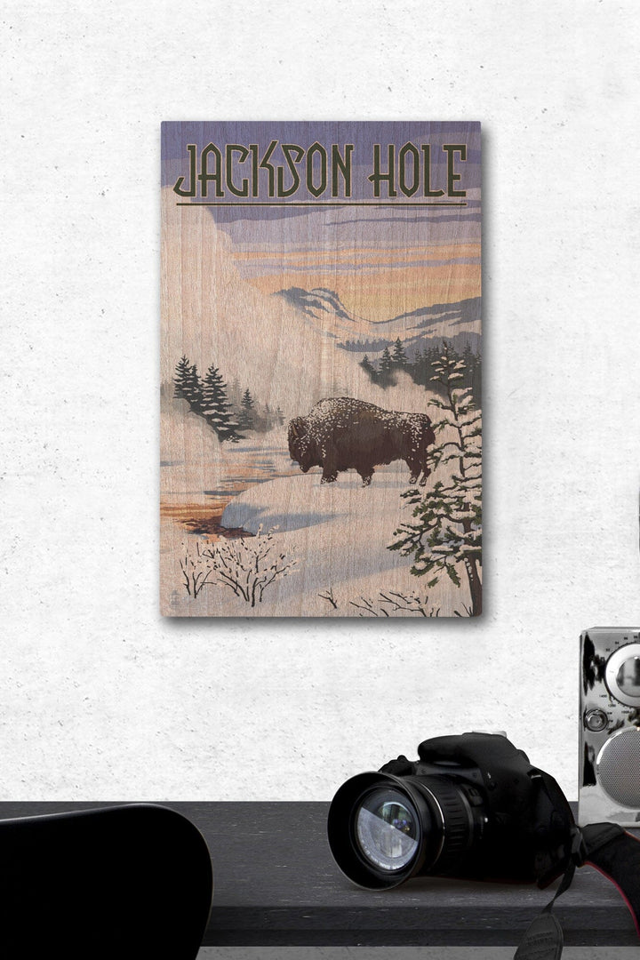Jackson Hole, Wyoming, Bison Snow Scene, Lantern Press Artwork, Wood Signs and Postcards Wood Lantern Press 12 x 18 Wood Gallery Print 