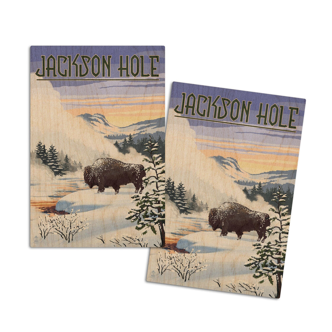 Jackson Hole, Wyoming, Bison Snow Scene, Lantern Press Artwork, Wood Signs and Postcards Wood Lantern Press 4x6 Wood Postcard Set 