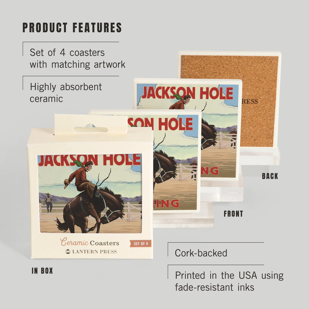Jackson Hole, Wyoming, Bucking Bronco, Coasters Coasters Lantern Press 