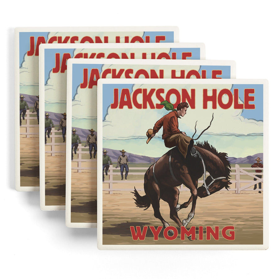 Jackson Hole, Wyoming, Bucking Bronco, Lantern Press Artwork, Coaster Set - Lantern Press