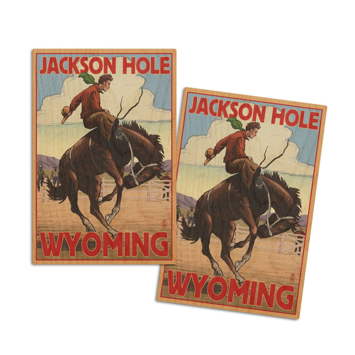Jackson Hole, Wyoming, Bucking Bronco, Lantern Press Artwork, Wood Signs and Postcards Wood Lantern Press 4x6 Wood Postcard Set 