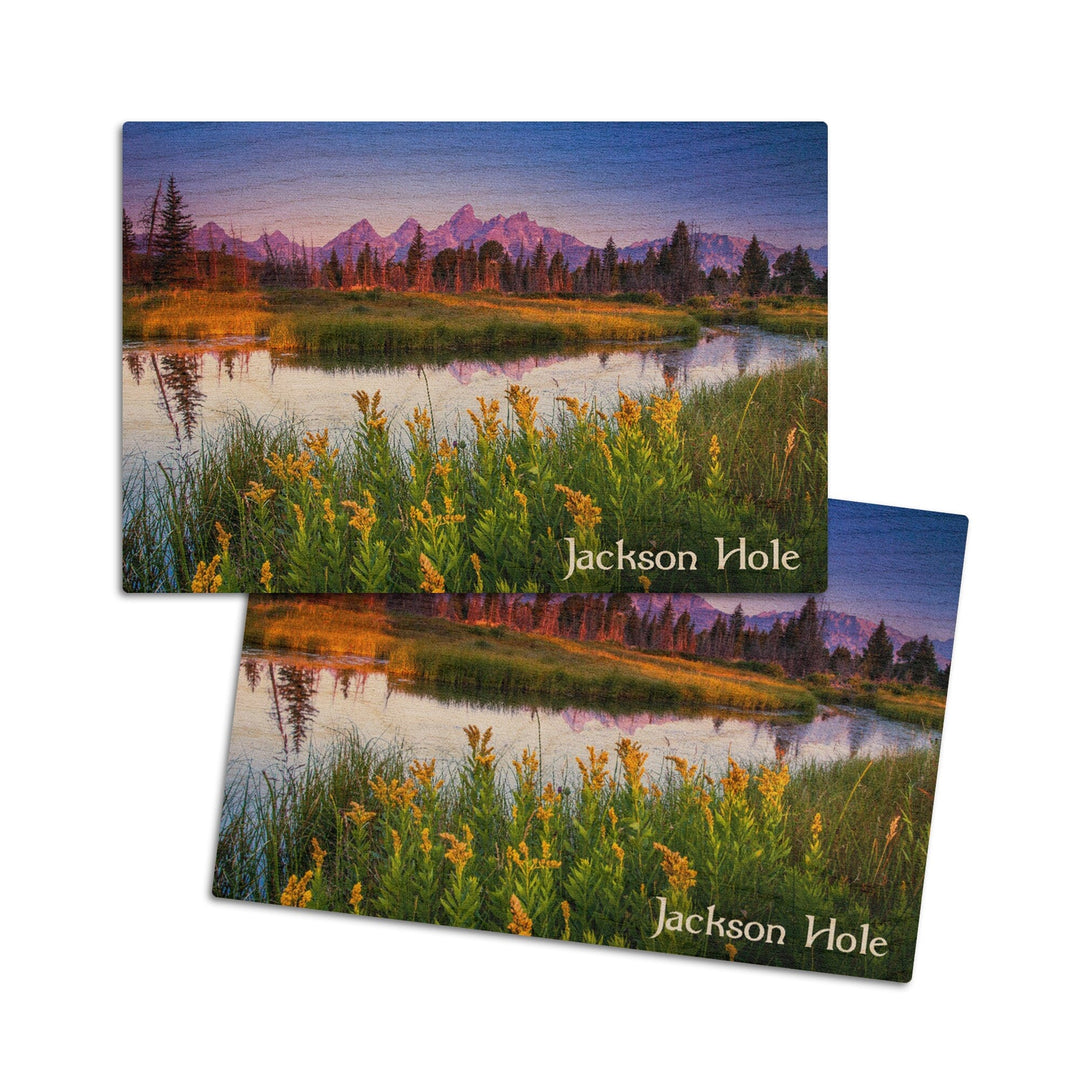 Jackson Hole, Wyoming, Flower Foreground, Lantern Press Photography, Wood Signs and Postcards Wood Lantern Press 4x6 Wood Postcard Set 